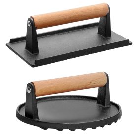 2Pcs Cast Iron Grill Press Pre-Seasoned Steak Weights Smash Burger Press Bacon Meat Smasher with Wood Handle 7in Round & 8.2x4.25in Rectangular G