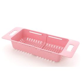 Kitchen Sink Retractable Wash Rack Collapsible Over The Sink Colander Dish Fruit Vegetable Strainer Drainer Basket for Kitchen (Color: Pink)