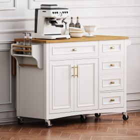 52" Kitchen Island with Drop Leaf, Embossed Texture Kitchen Island on Wheels with Spice Rack, Towel Rack, 2 Doors and 5 Drawers (Color: White, Material: MDF)