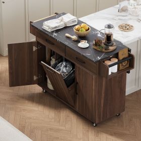 Kitchen Island with Trash Can Storage Cabinet, Kitchen Cart with Drop Leaf, Spice Rack, Towel Rack and Drawer (Color: Walnut Brown, Material: Particle Board)