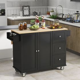 Rolling Mobile Kitchen Island with Solid Wood Top and Locking Wheels,52.7 Inch Width,Storage Cabinet and Drop Leaf Breakfast Bar,Spice Rack (Color: Black, Material: MDF)