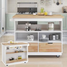 Rolling Kitchen Island with Storage, Two-sided Kitchen island Cart on Wheels with RubberWood Top,Wine and Spice Rack (Color: White, Material: Solid Wood)